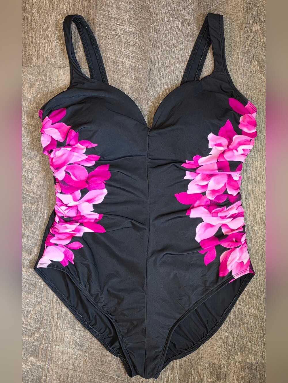 Vintg Miraclesuit One-Piece Ruched Swimsuit Womens XL Black Pink Florals Flatter - Picture 3 of 10